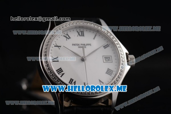 Patek Philippe Calatrava Miyota 9015 Automatic Steel Case with White Dial Black Leather Strap and Roman Numeral Markers Diamonds Bezel - Click Image to Close